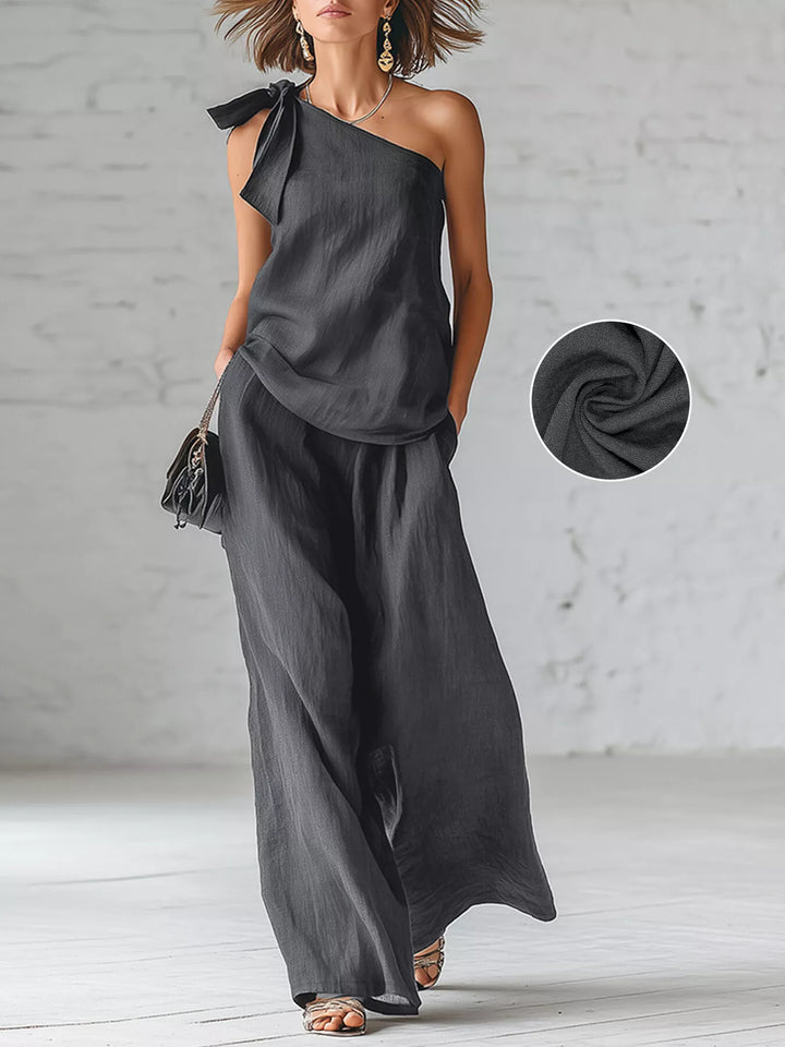 Women's matching set in charcoal, one shoulder bow top and wide leg pants