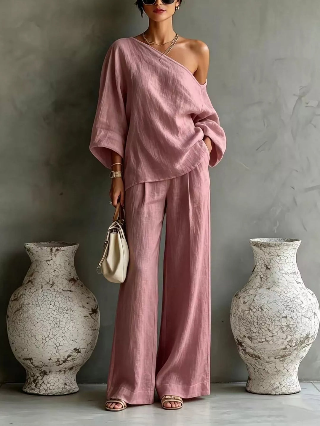 Dusty pink one shoulder top and wide leg pants set, full-length view