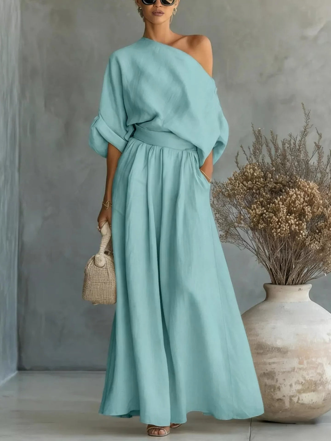 Sky blue one shoulder matching set with wide leg maxi pants, full length