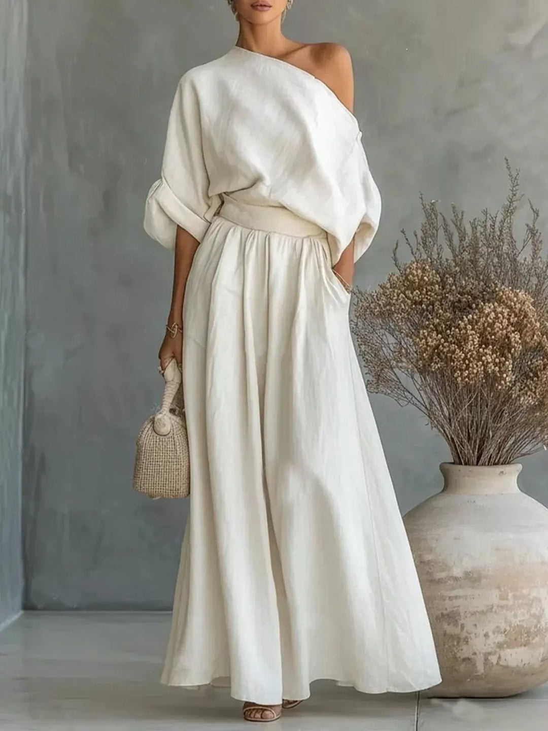 Women's matching set in white, one shoulder top with wide leg maxi pants, full length