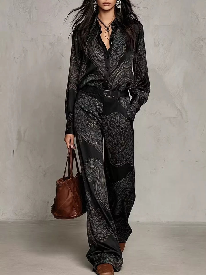 Black paisley shirt and wide leg pants matching set, full length front view