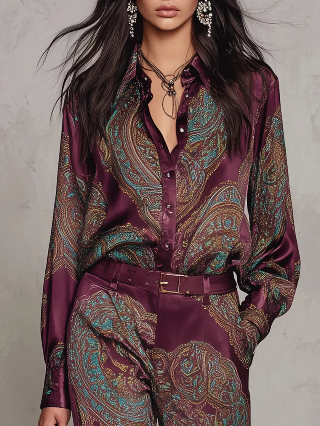 Close-up of the burgundy paisley shirt collar and belted pants waist