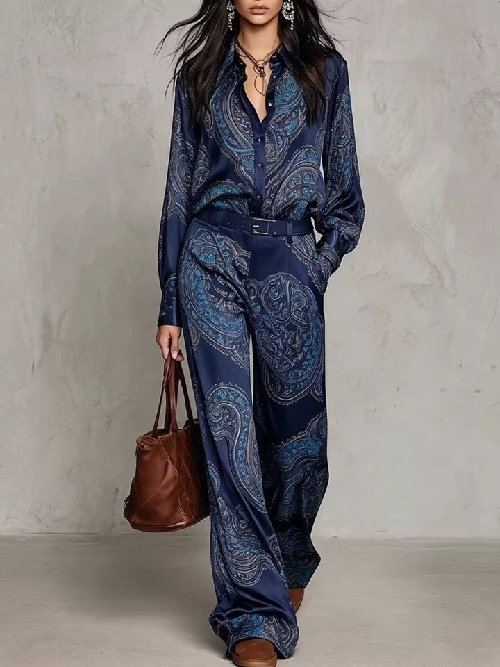 Navy paisley matching set with a button shirt and wide leg pants, front view