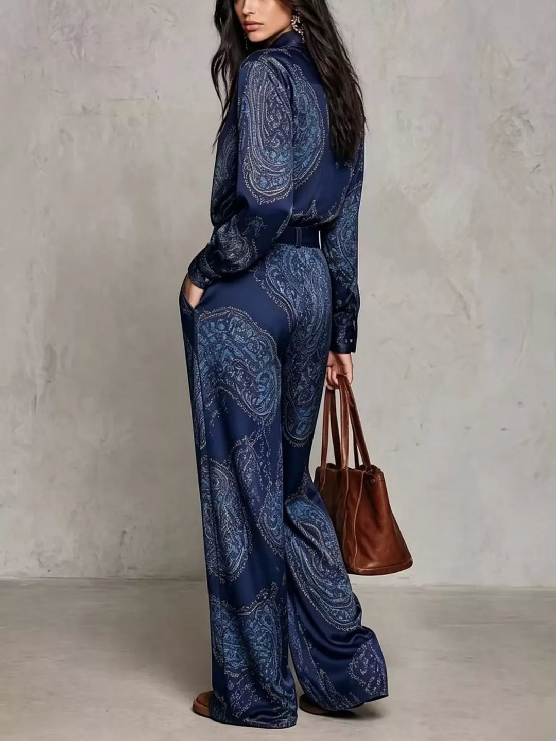 Side angle of the navy paisley matching set with relaxed wide legs