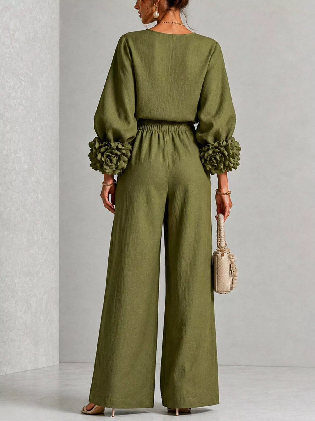 Moss puff sleeve top and pants set, back three-quarter view