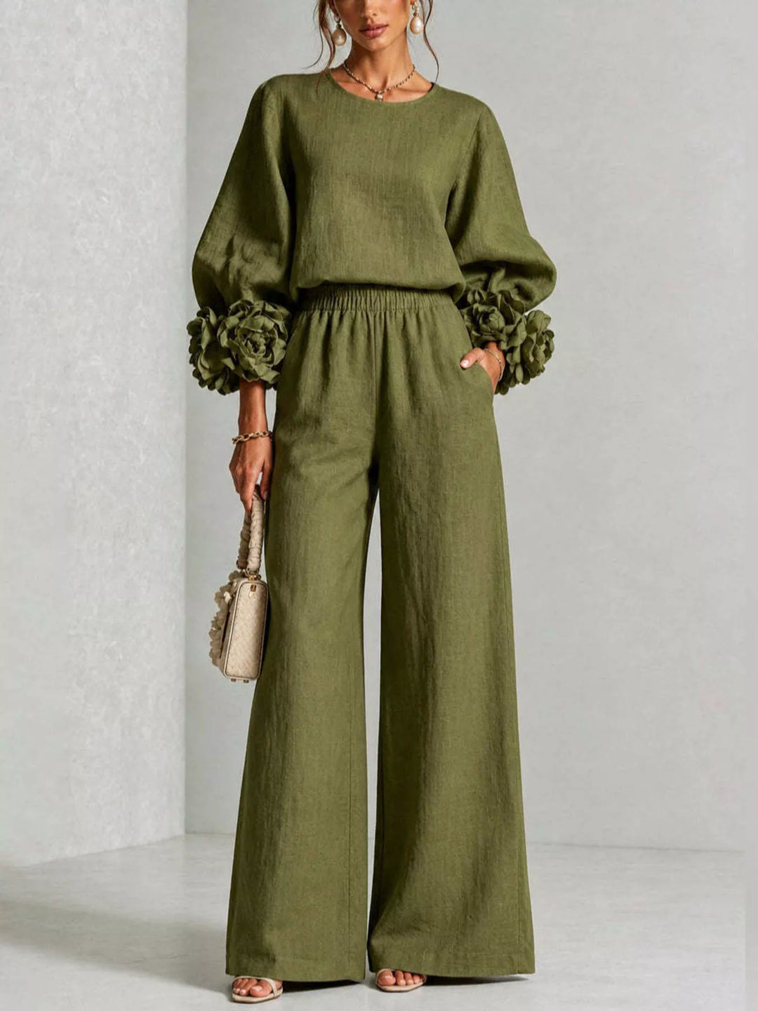 Moss green matching set with ruffled cuff puff sleeves and wide leg pants