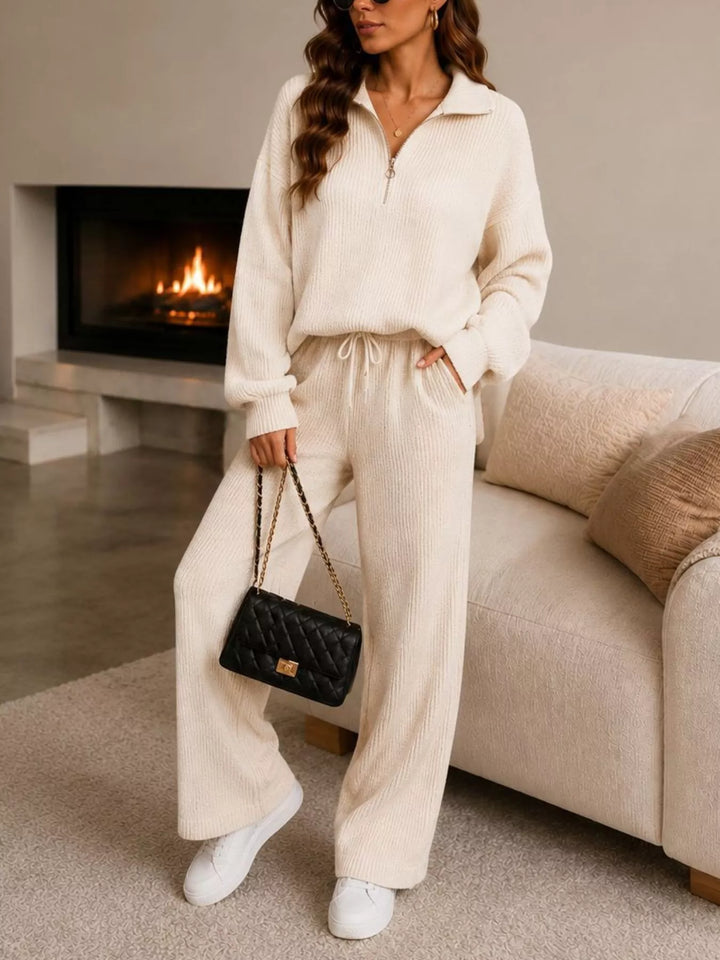 Women's matching set in cream, ribbed knit half zip pullover and wide leg pants
