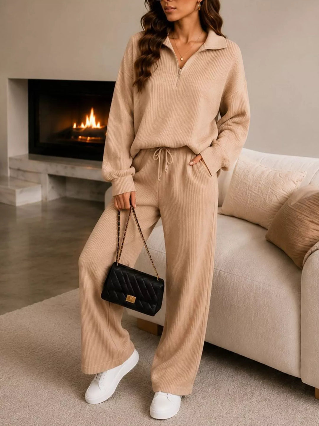 Tan ribbed knit half zip pullover and wide leg pants set, front view