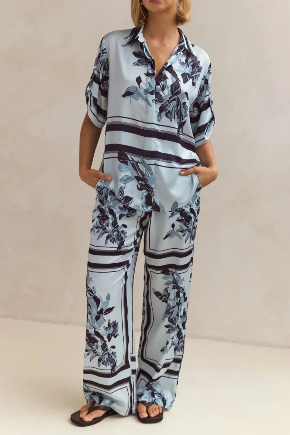 Sky blue print matching set, full outfit standing with sandals