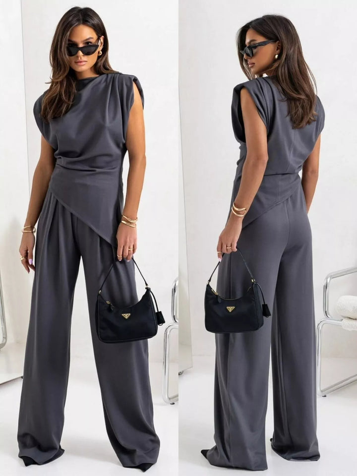 Satin-look cowl neck top and wide leg pants in dark gray, front view 2