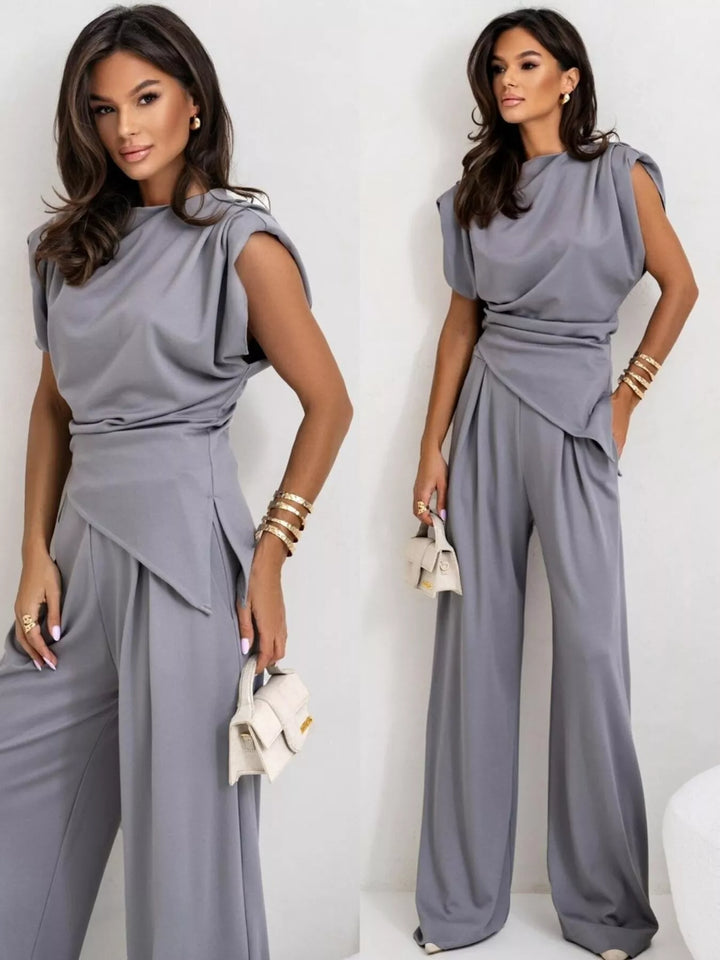 Satin-look cowl neck top and wide leg pants in gray, front view 2