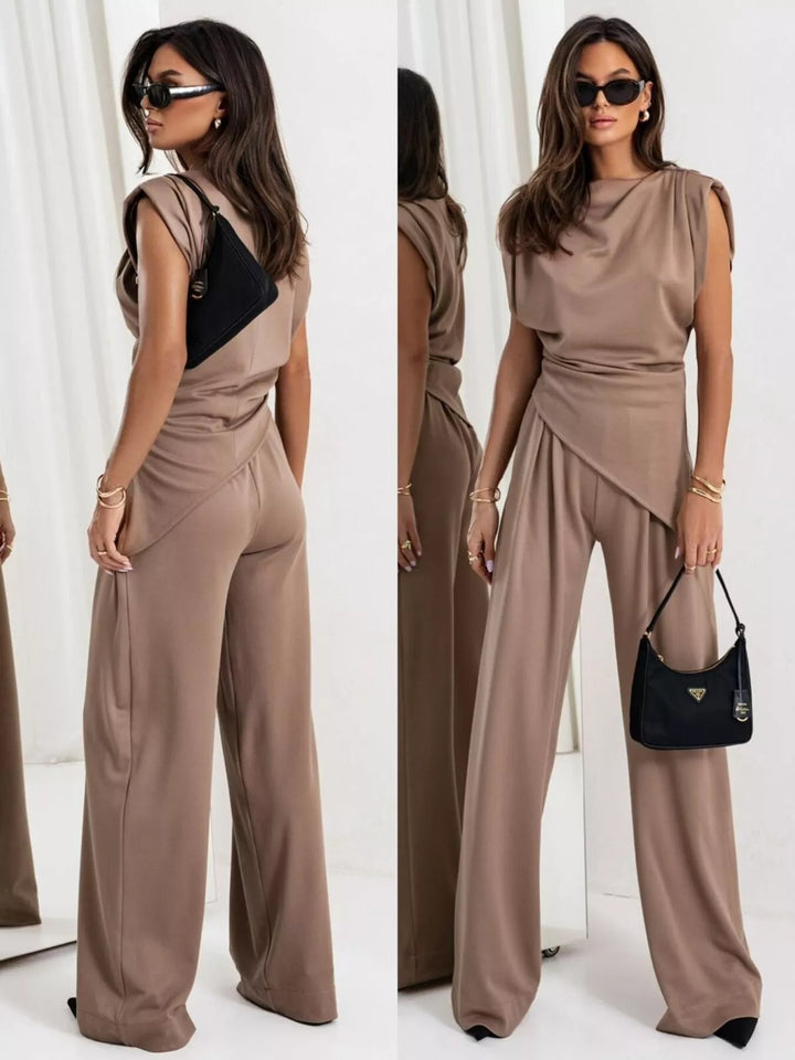 Satin-look cowl neck top and wide leg pants in taupe, back view 2