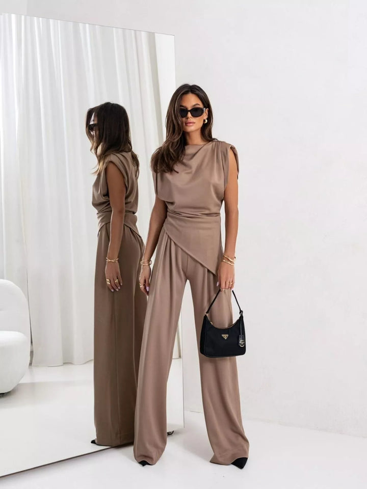 Satin-look cowl neck top and wide leg pants in taupe, front view