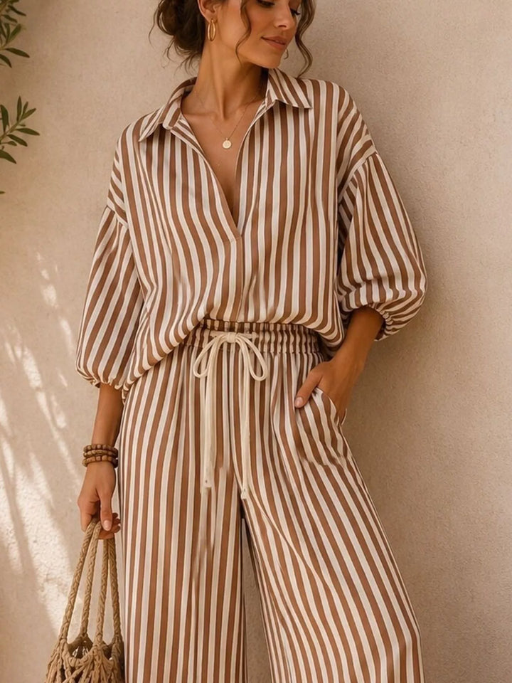 Camel stripe matching set close view of the collar and drawstring waist