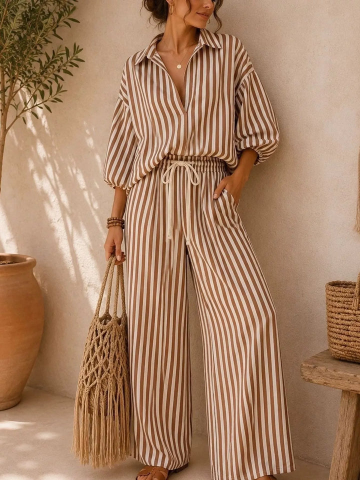 Camel striped collared shirt and wide leg pants set, full length view