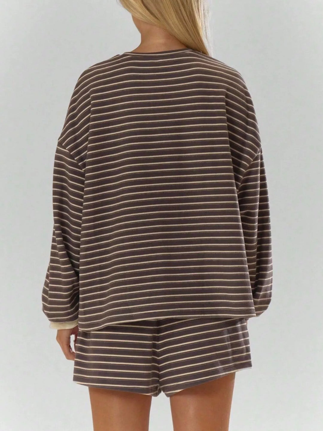 Striped long sleeve top and drawstring shorts in coffee brown, back view