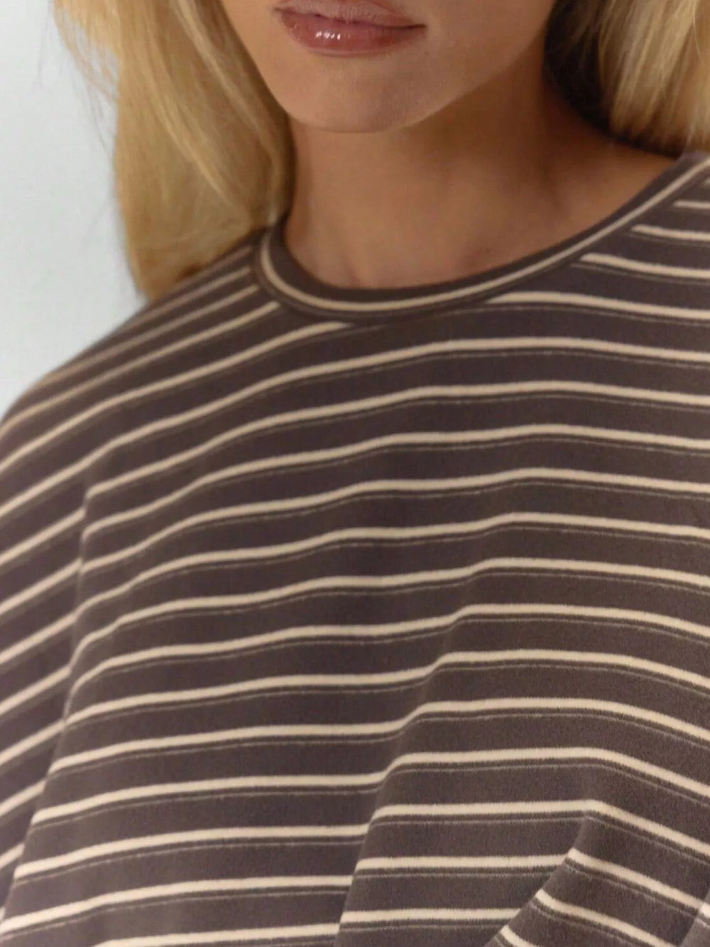 Striped long sleeve top and drawstring shorts in coffee brown, close-up detail