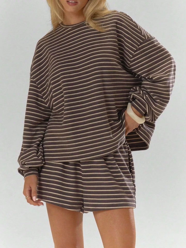 Women's matching set in coffee brown, striped long sleeve top and drawstring shorts