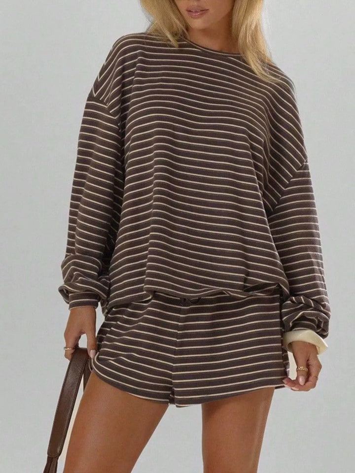 Striped long sleeve top and drawstring shorts in coffee brown, styled on model 2