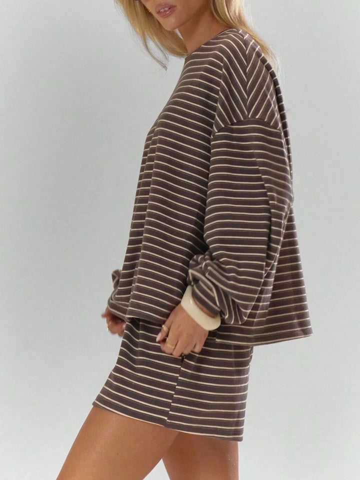 Striped long sleeve top and drawstring shorts in coffee brown, styled on model