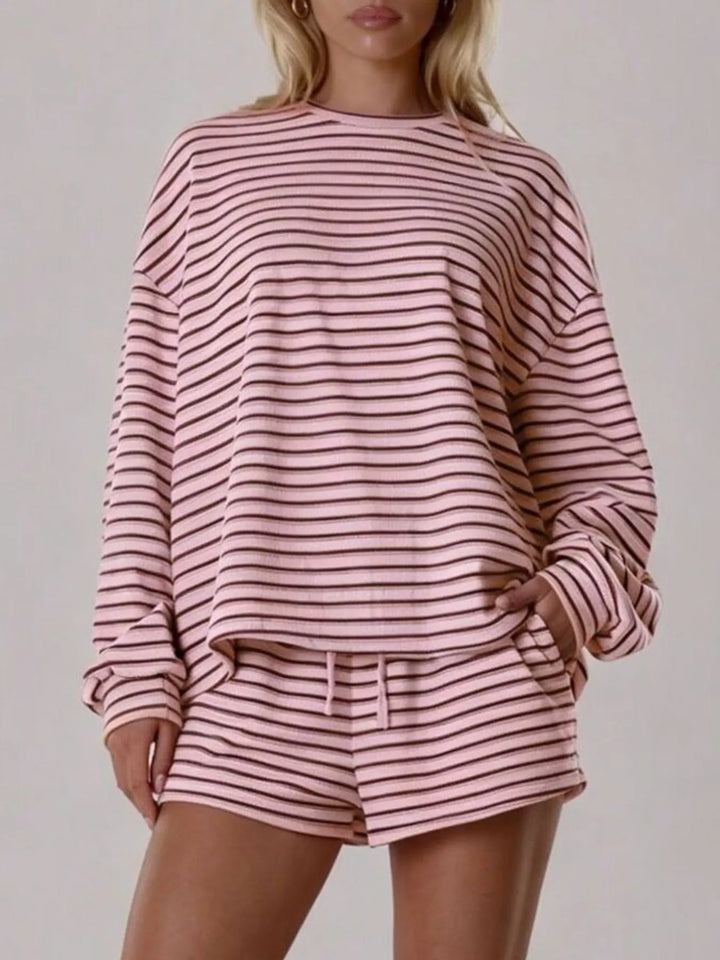 Striped long sleeve top and drawstring shorts in pink, front view 2