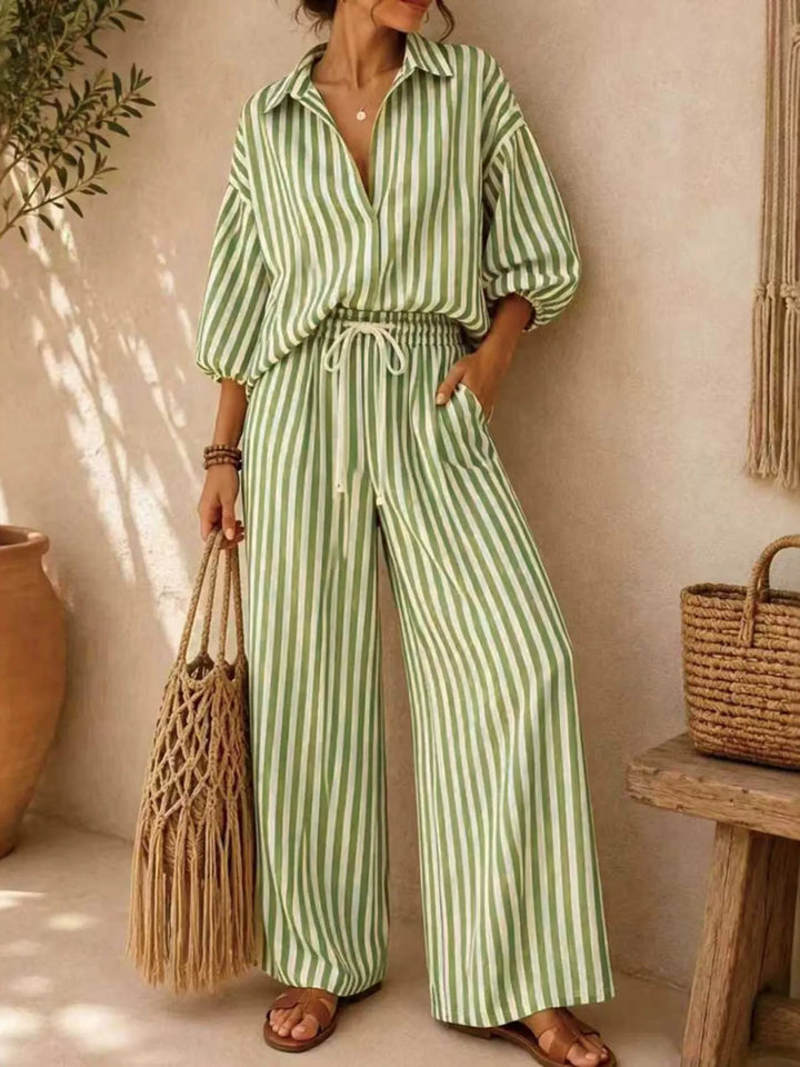 Sage striped matching set with shirt and wide leg pants, front view