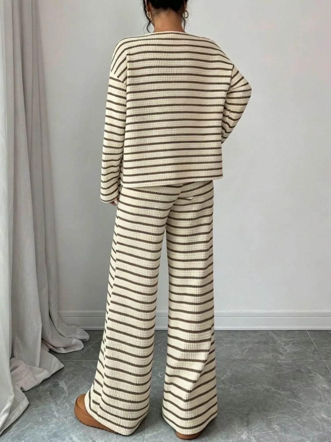 Striped waffle knit top and wide leg pants in apricot, back view