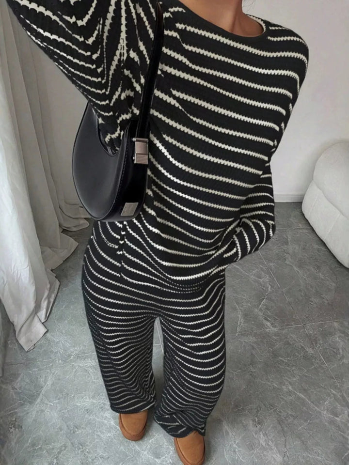 Striped waffle knit top and wide leg pants in black, close-up detail