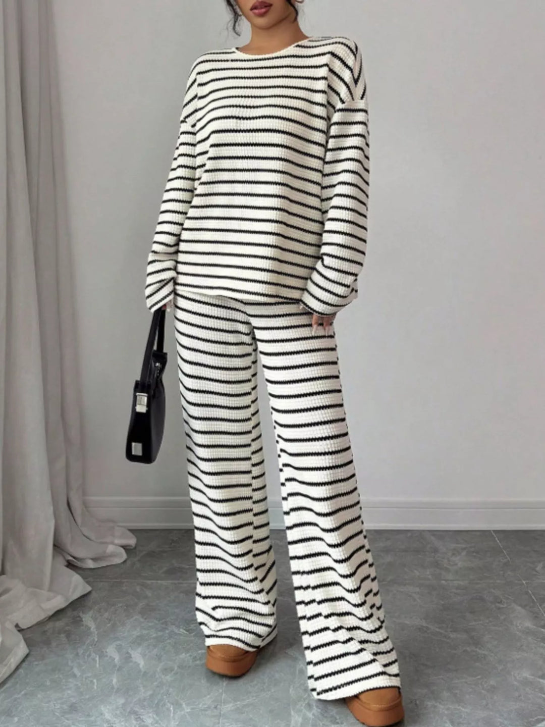 Striped waffle knit top and wide leg pants in white, front view 3