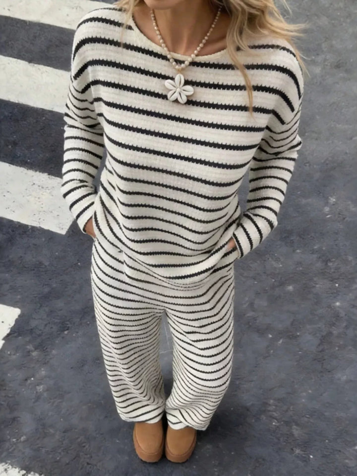 Women's matching set in white, striped waffle knit top and wide leg pants