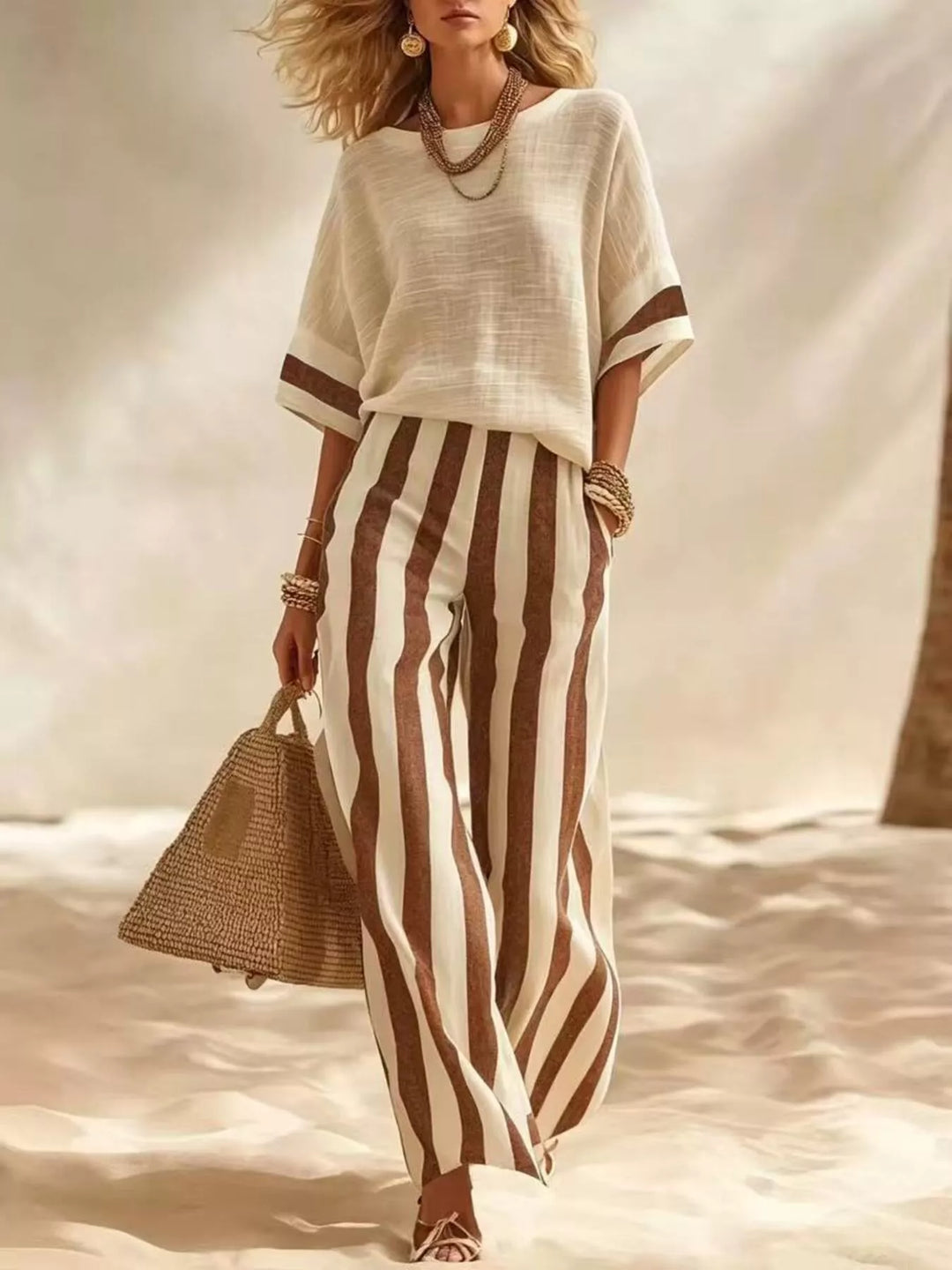 Brown striped matching set with a cream top, full outfit on sand