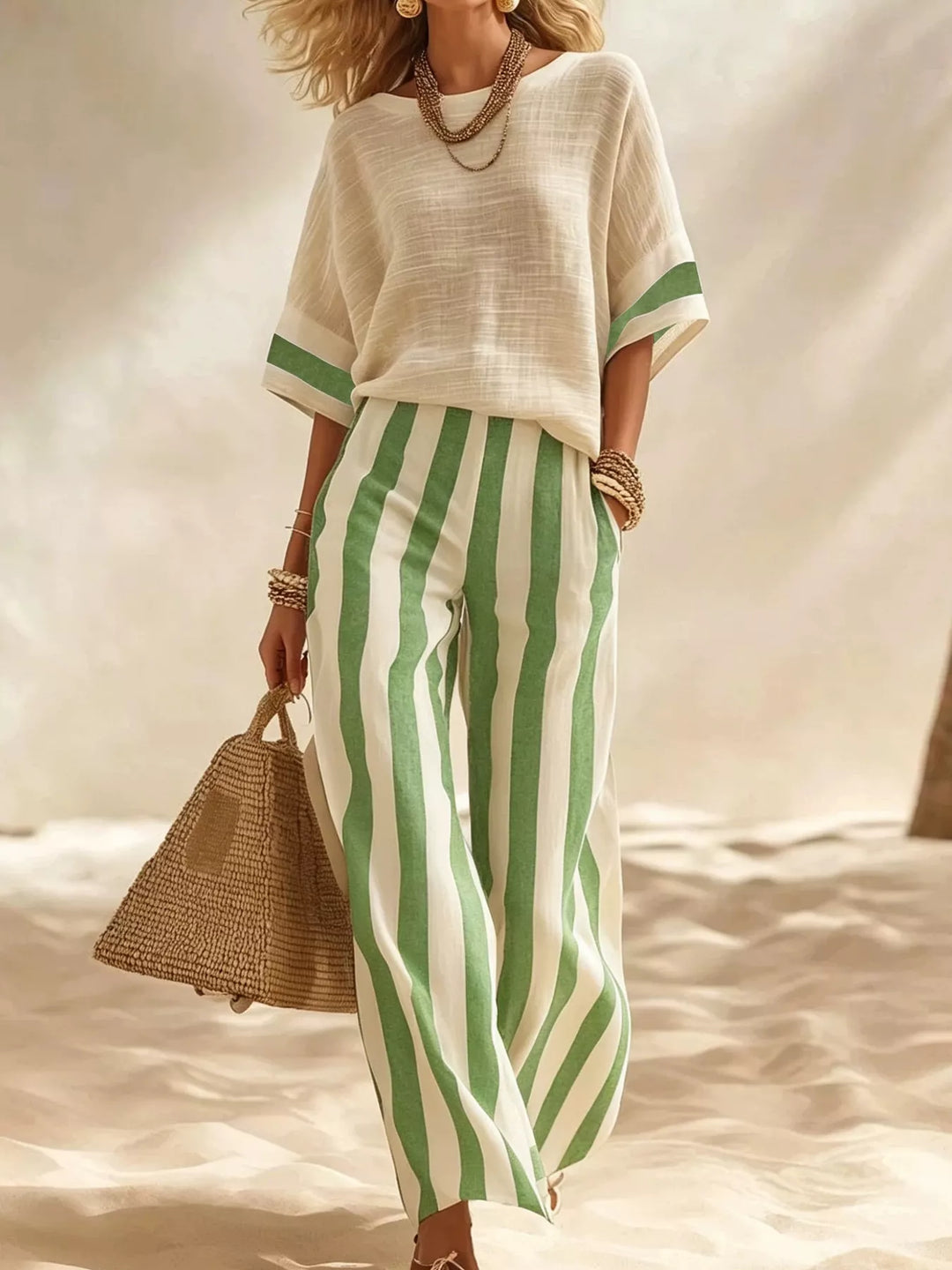 Green striped matching set with cream top and wide leg pants, beach walk