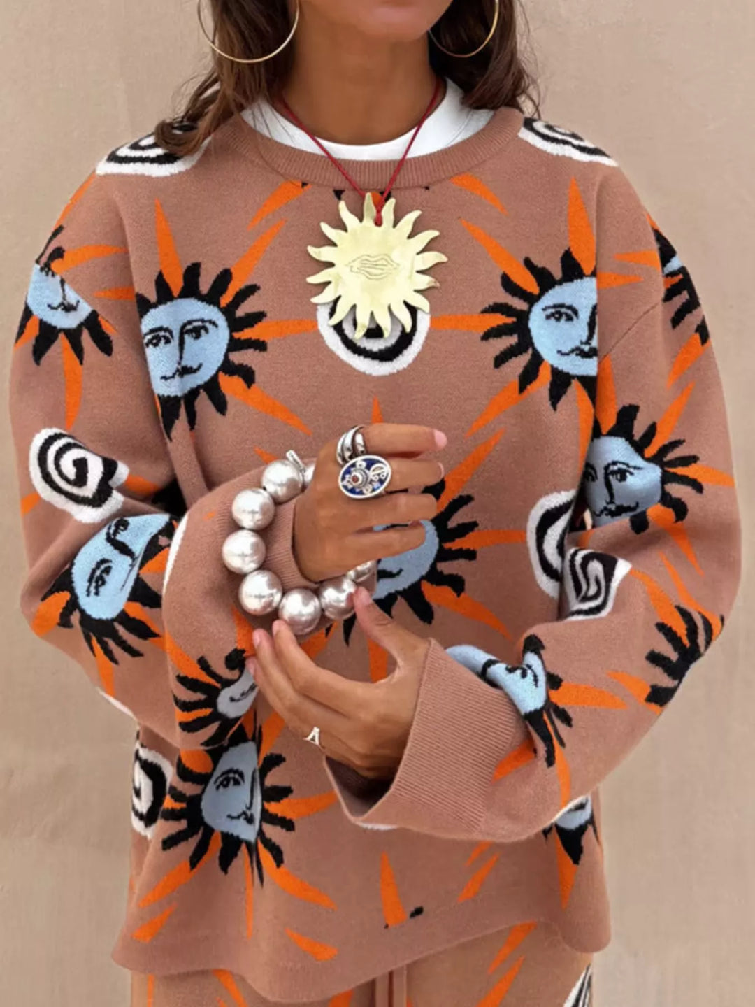 Sun print knit sweater, cardigan and pants in sun print, close-up detail 3