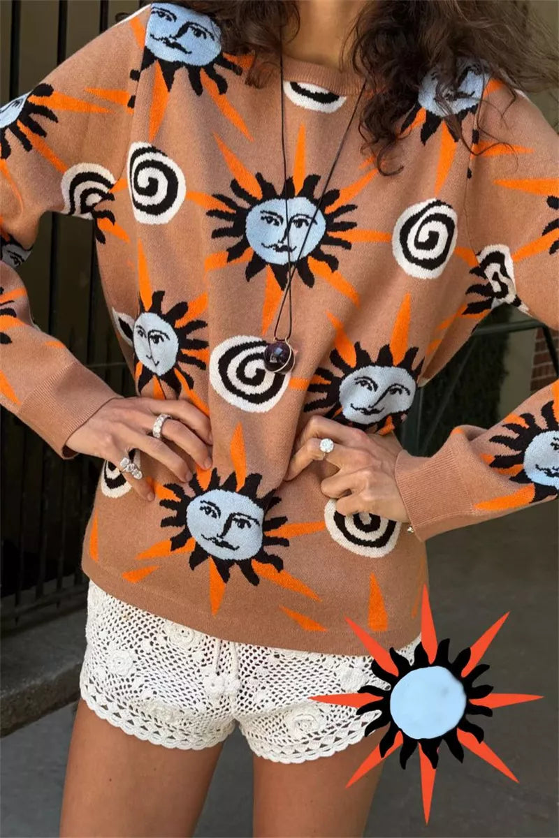 Sun print knit sweater, cardigan and pants in sun print, close-up detail 4