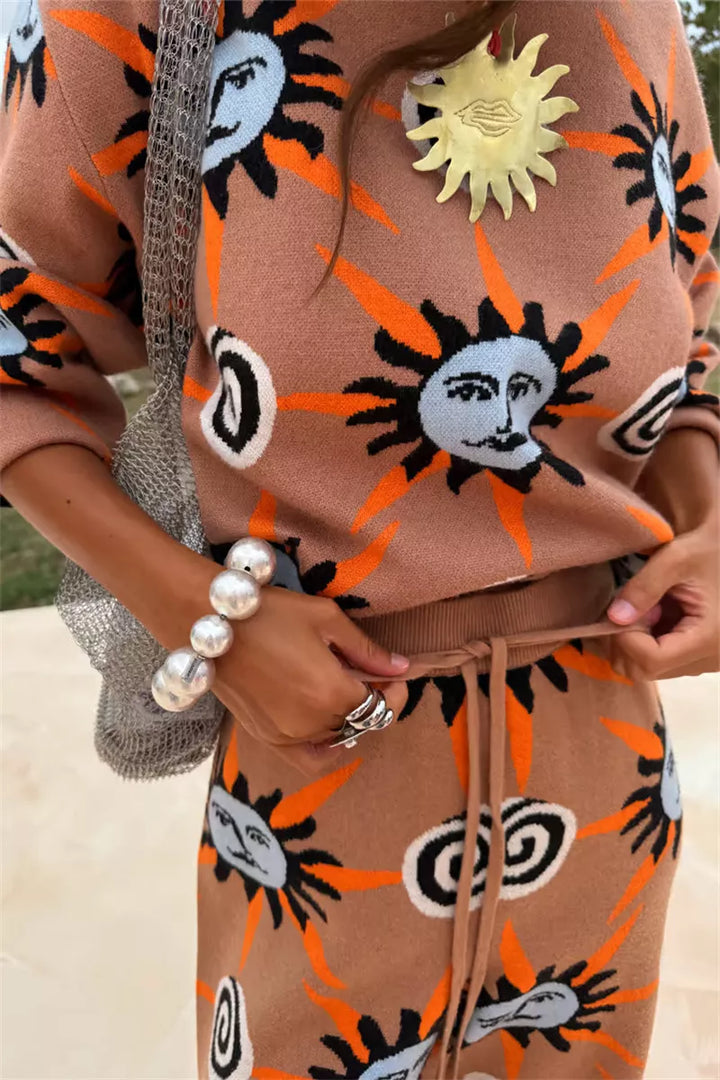 Sun print knit sweater, cardigan and pants in sun print, close-up detail 7