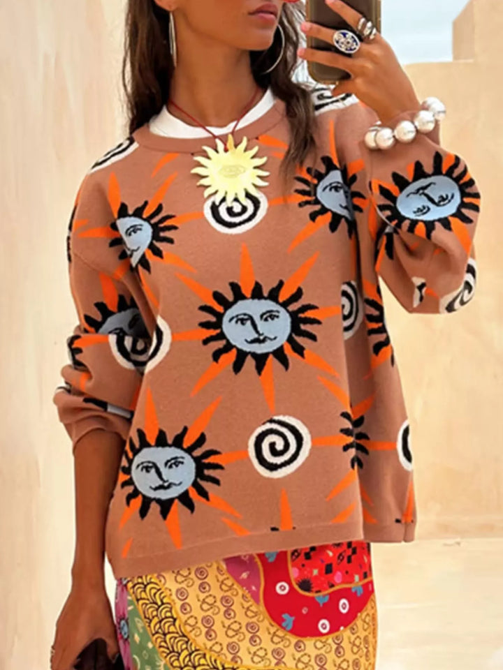Sun print knit sweater, cardigan and pants in sun print, close-up detail