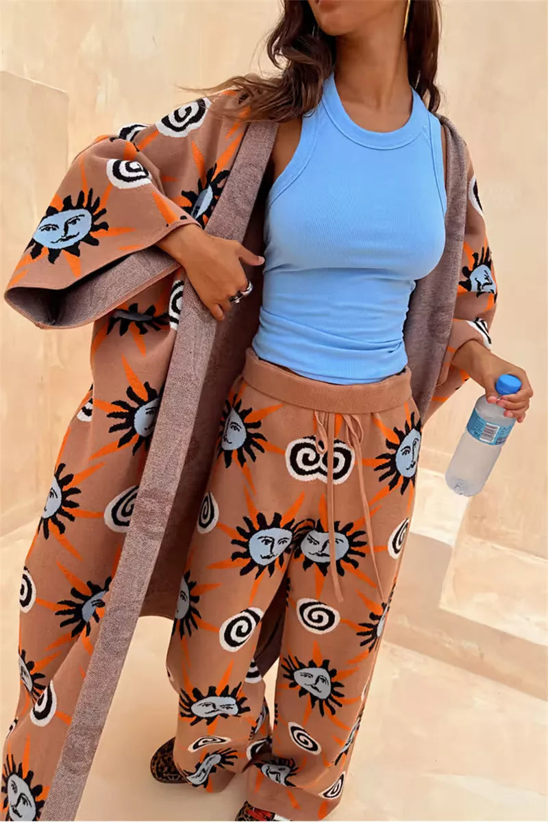 Sun print knit sweater, cardigan and pants in sun print, front view 2