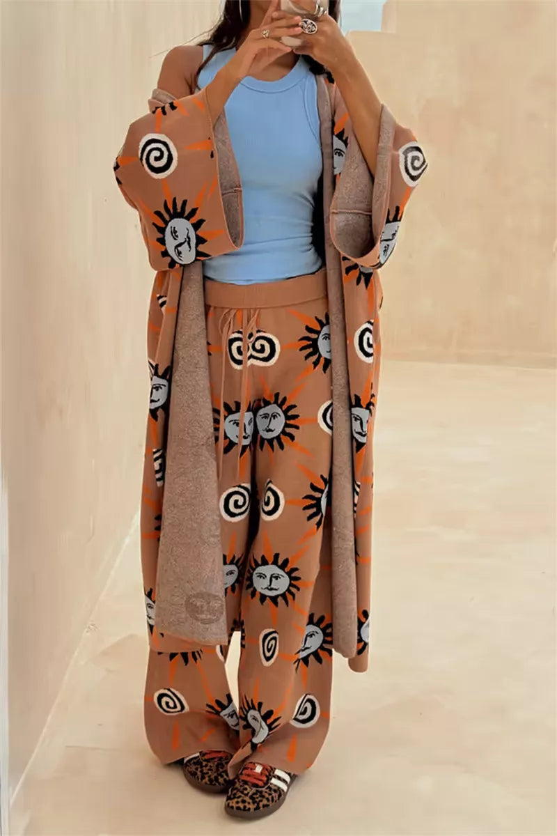 Sun print knit sweater, cardigan and pants in sun print, front view 3
