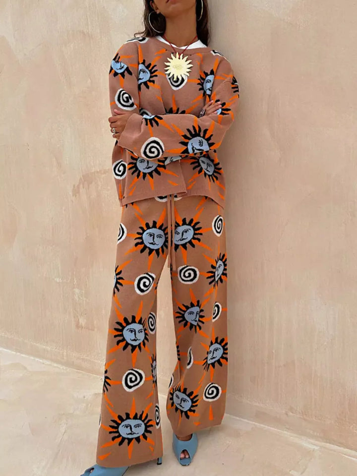 Women's matching set in sun print, sun print knit sweater, cardigan and pants