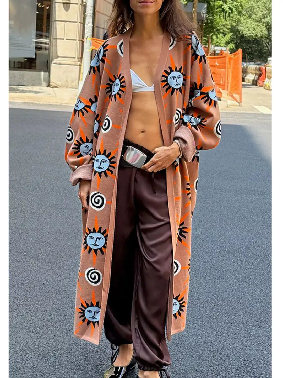 Sun print knit sweater, cardigan and pants in sun print, styled on model 3