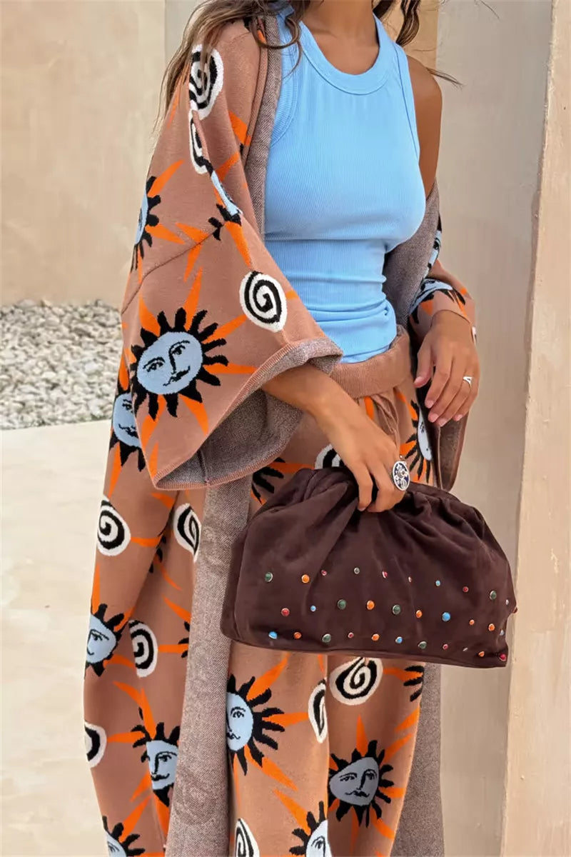 Sun print knit sweater, cardigan and pants in sun print, styled on model 5