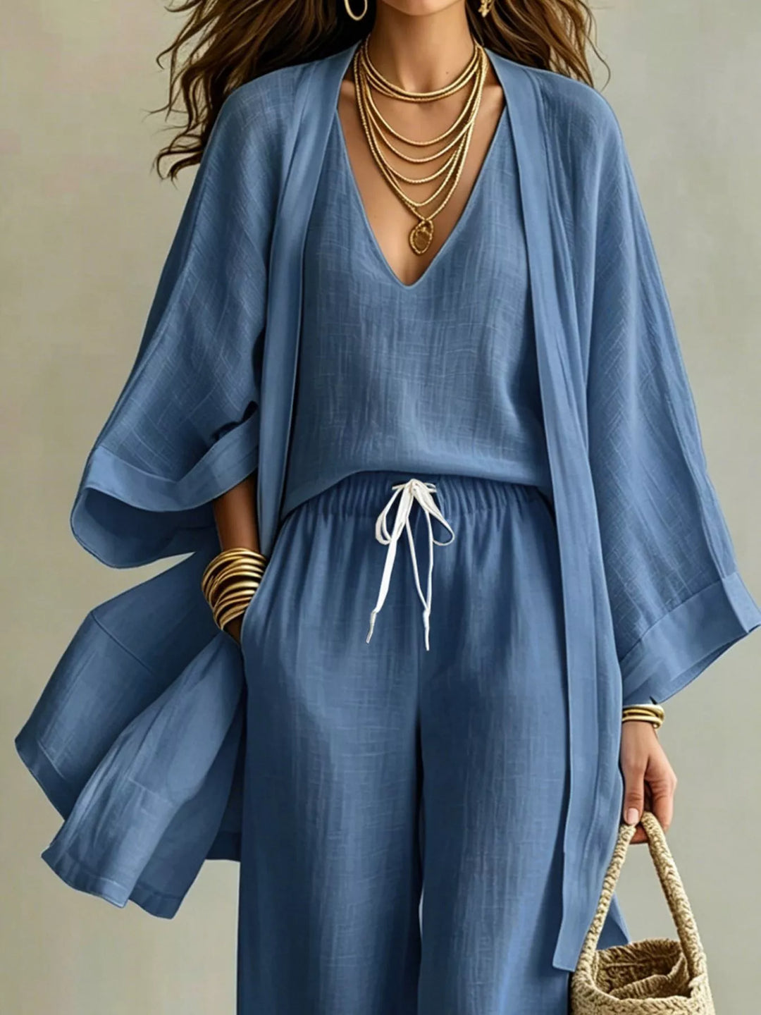 Three piece v neck top, cardigan and pants in blue, close-up detail