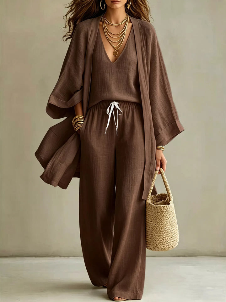 Three piece v neck top, cardigan and pants in brown, front view