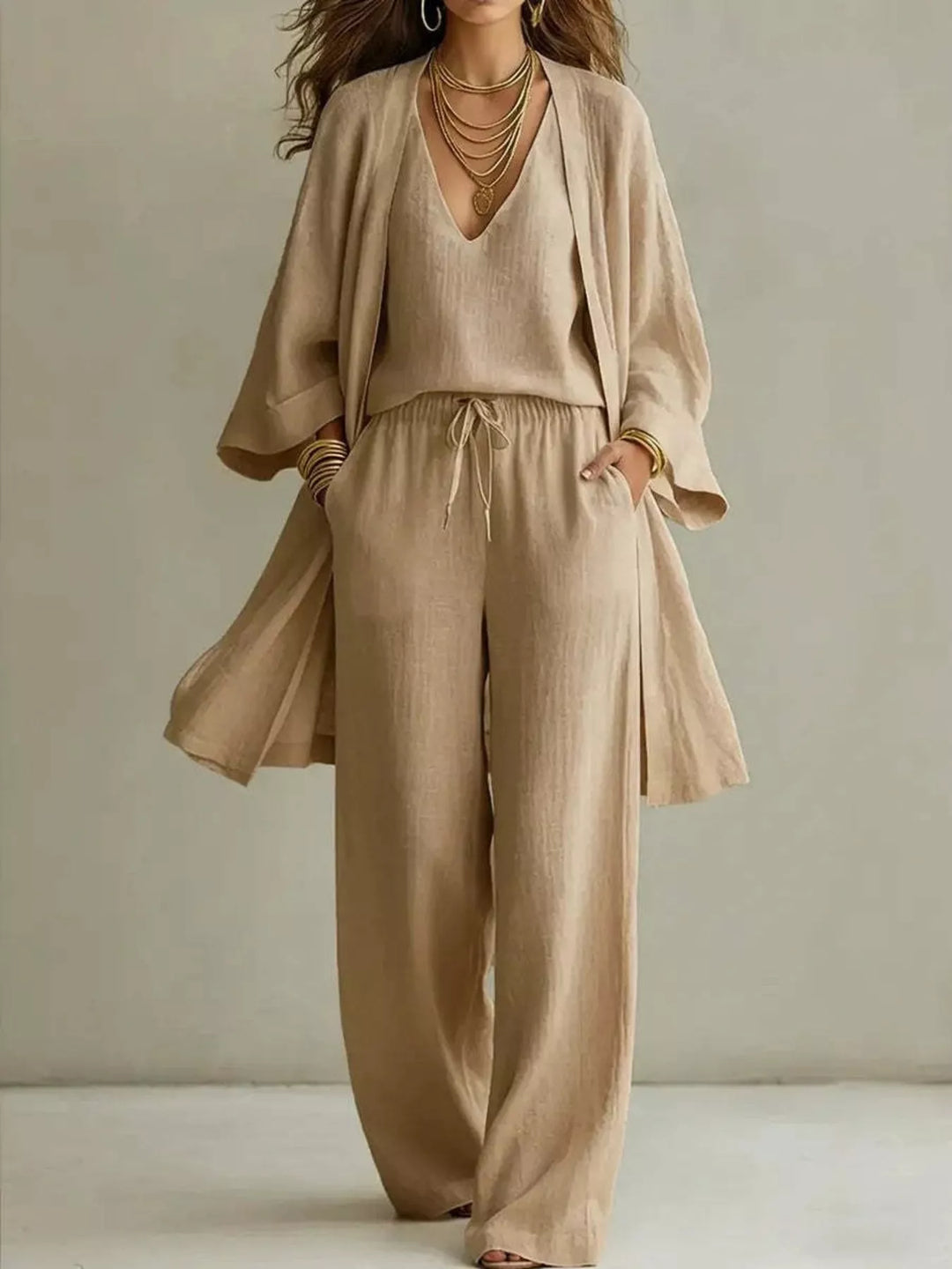 Three piece v neck top, cardigan and pants in khaki, front view
