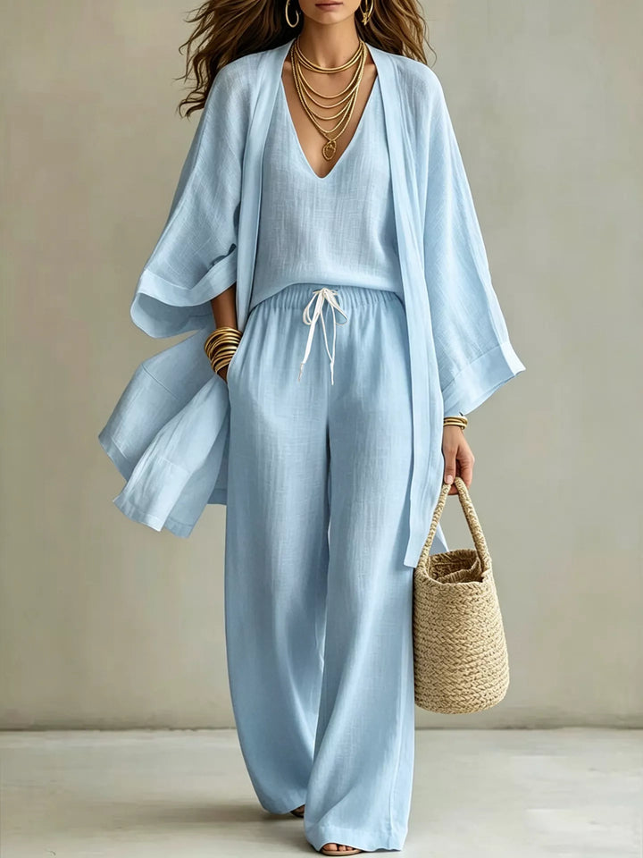 Three piece v neck top, cardigan and pants in sky blue, front view