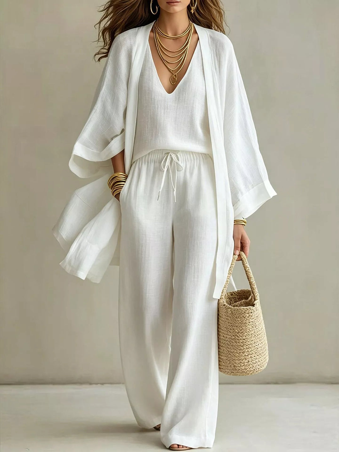 Three piece v neck top, cardigan and pants in white, front view 2