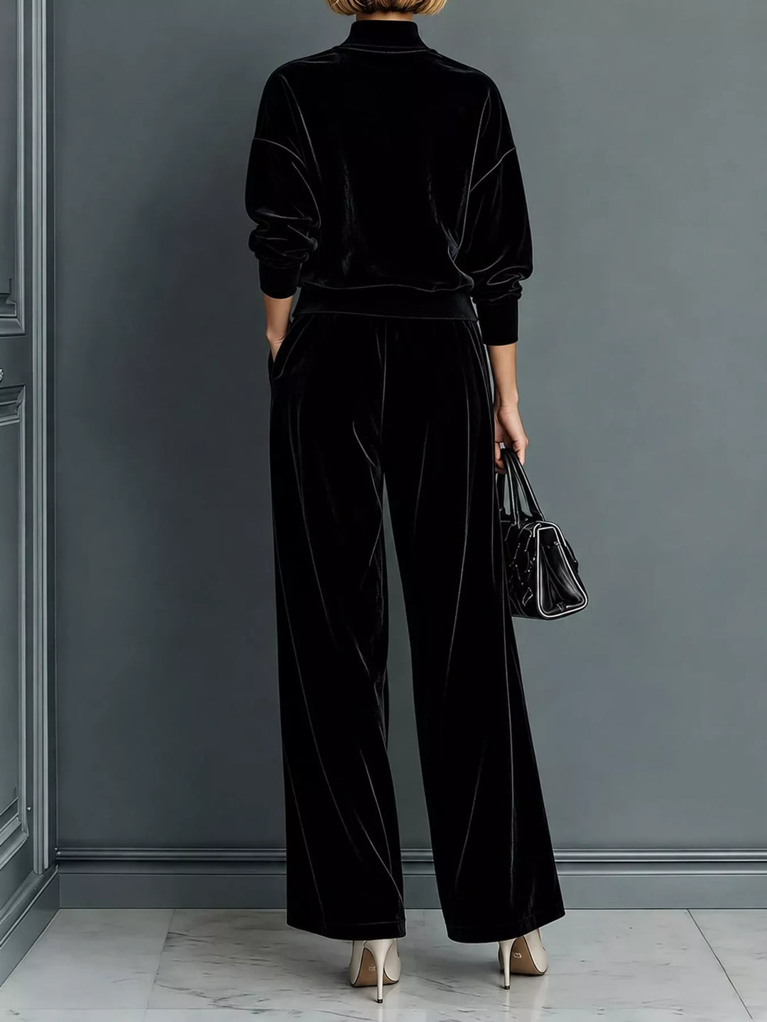 Velvet-look mock neck top and wide leg pants in black, back view