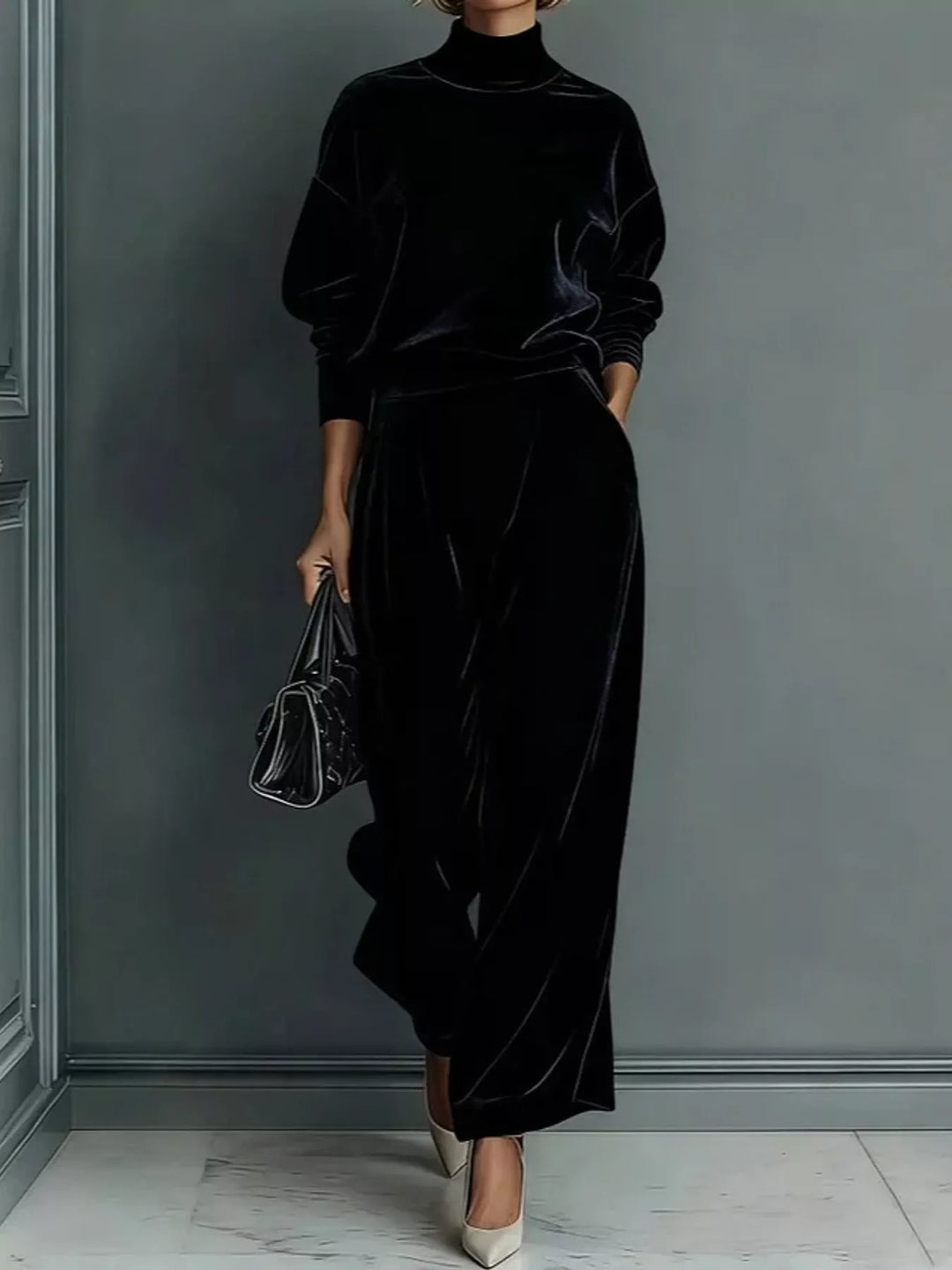 Velvet-look mock neck top and wide leg pants in black, front view