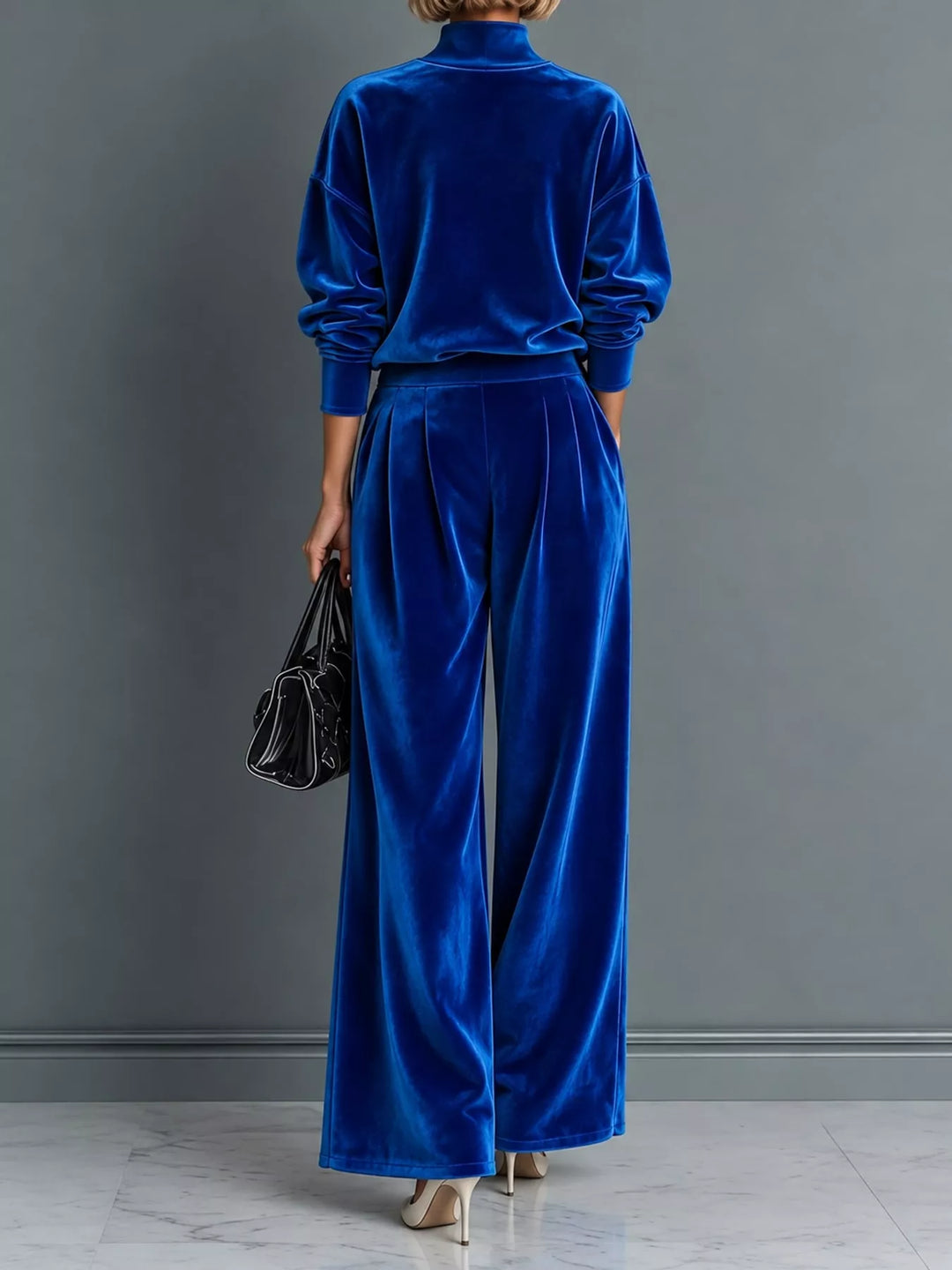 Velvet-look mock neck top and wide leg pants in blue, back view