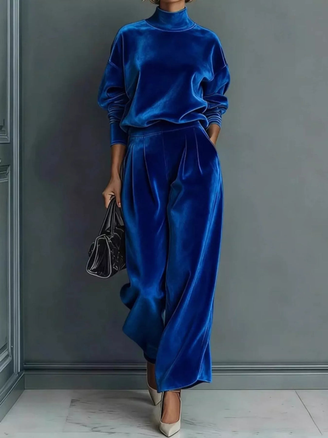 Velvet-look mock neck top and wide leg pants in blue, front view